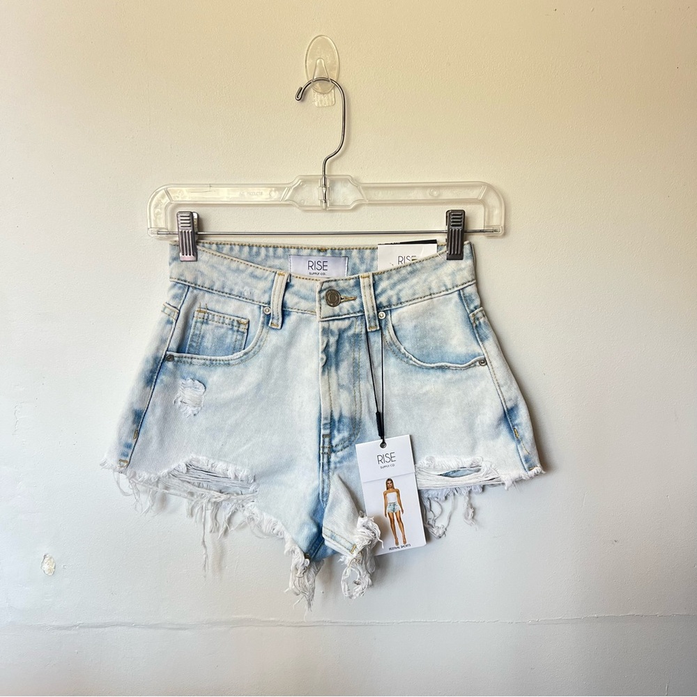Women's Light Blue Distressed Denim Shorts - Picture 2 of 7